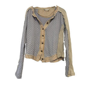 Free People Patchwork Button-Front Top in Light Blue and Tan Stripes